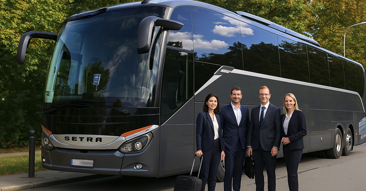 Moderner Reisebus mit Busfahrer-Team von Busunternehmen Nordrhein– European Bus Service