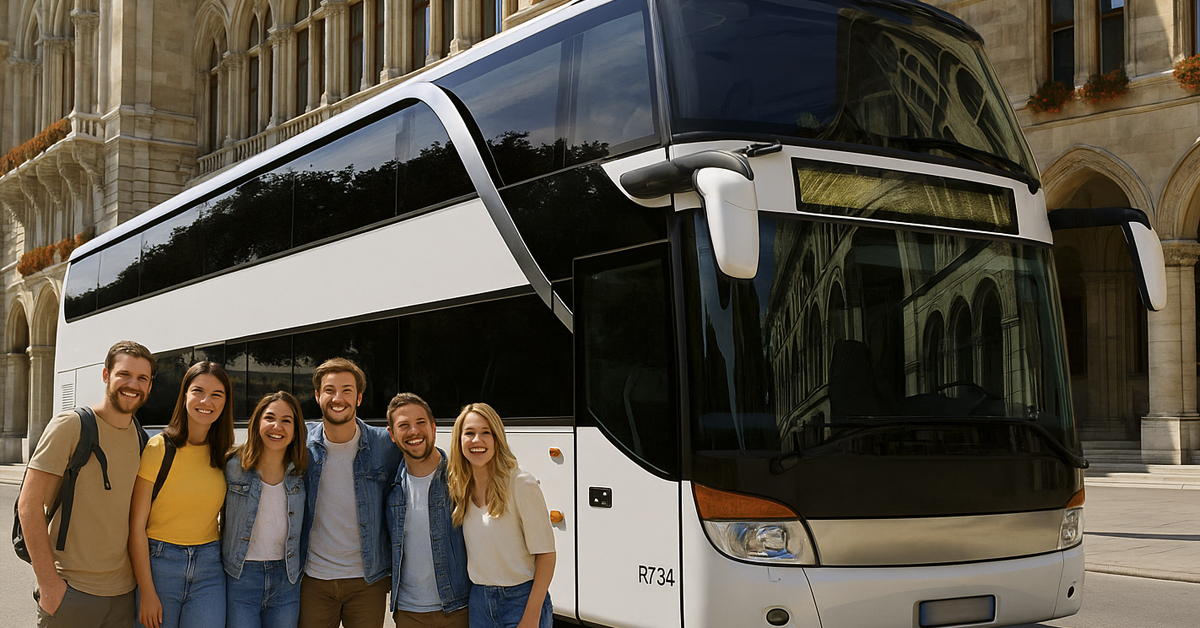 Gruppe junger Reisender vor einem modernen Reisebus von Busunternehmen Nordrhein – European Bus Service